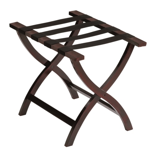 Prestige Flat Top Contoured Wooden Luggage Rack, Mahogany Finish with Black Straps